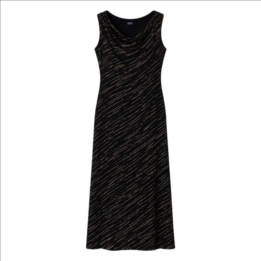 Black Ankle Length Dress with Tan Diagonal Print and Draped Cowl Neckline